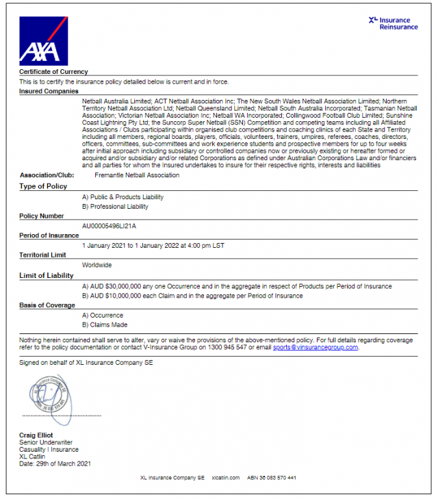 Insurance Certificate of Currency – Fremantle Netball Association